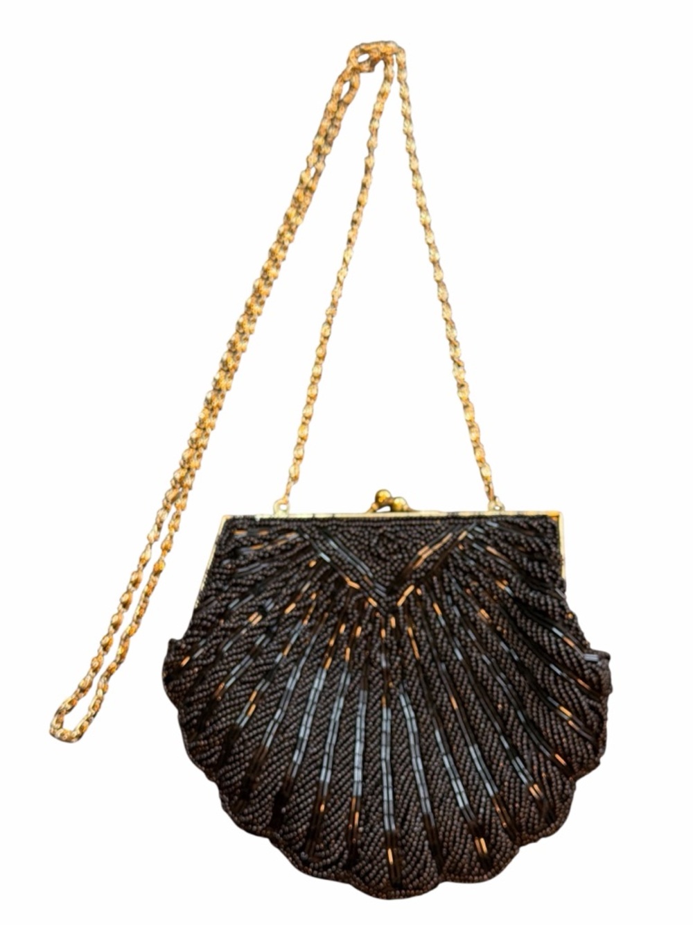 La Regale LTD Vintage Black Beaded Evening Bag Clutch Gold Chain Art Deco - Picture 5 of 11